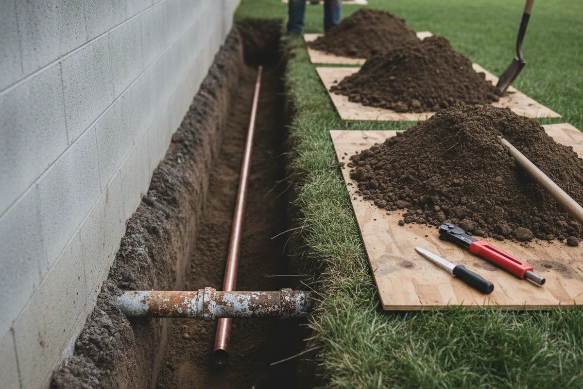 Excavated water line trench during Water Heater Repair in Goldston